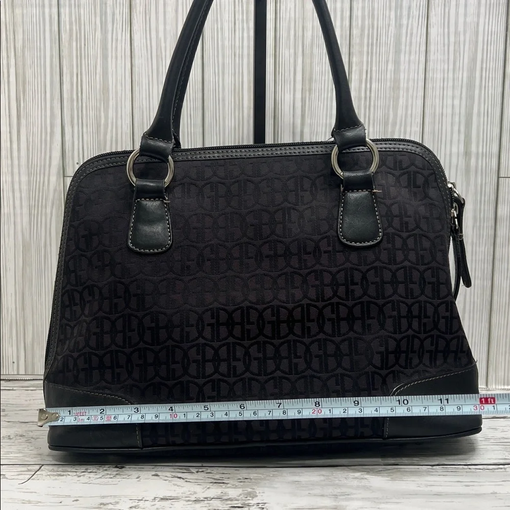 Gianni Bini Black Jacquard Logo Satchel Tote Handbag Leather Trim Structured Bag